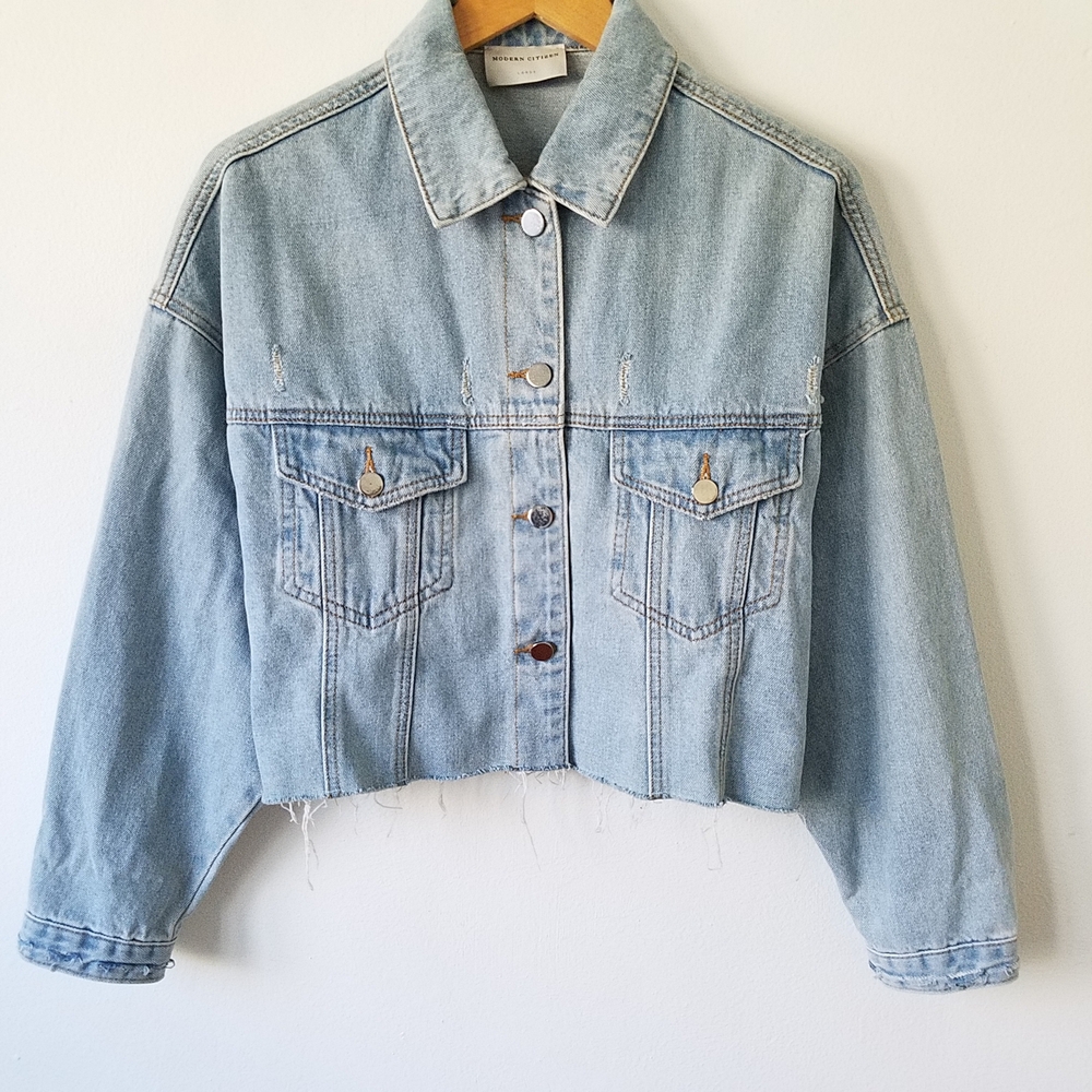 Modern Citizen Cropped Boxy Raw Hem Blue Light Wash Jacket Size Large - Picture 3 of 10